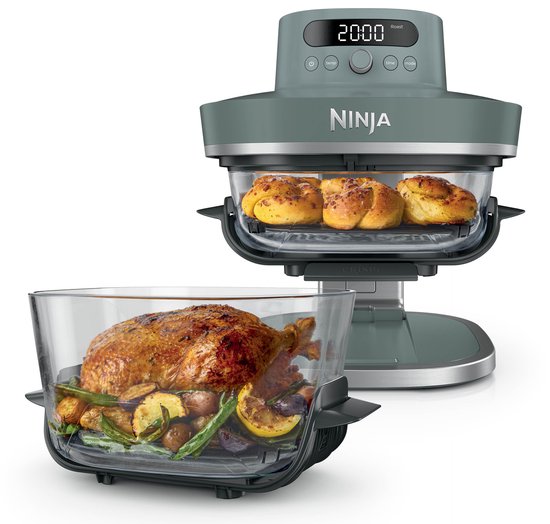 Ninja CRISPi PRO XL Glazen Airfryer - 7 kookfuncties - Airfryen, Bakken, Braden, Rijzen, Drogen, Max Crisp en Opnieuw krokant maken - 2.3 liter en 5.7 liter glazen schaal - PFAS vrij koken - Grijsgroen - AS101EUGY