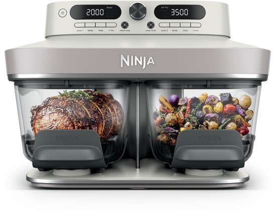 Ninja CRISPi DualZone Glazen Airfryer - 2 manden - 8 kookfuncties - Kook twee gerechten tegelijkertijd - PFAS-vrije glazen schalen - Inclusief deksels - Gebroken wit - DD102EUIV2