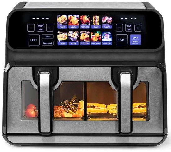 Sinaopus 802 Digitale Airfryer 802 XXL - 9L – DualMand Onafhankelijke Snelle Opwarming – 10 Programma’s – Kijkvenster – Capaciteit voor 4 Personen