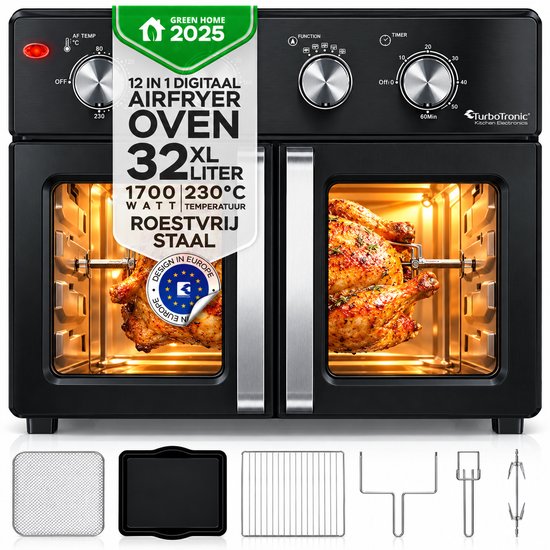 TurboTronic AF32MFD Airfryer Oven XXL – Dubbele Deur – 32L Vrijstaande Mini Oven – Heteluchtoven – Zwart