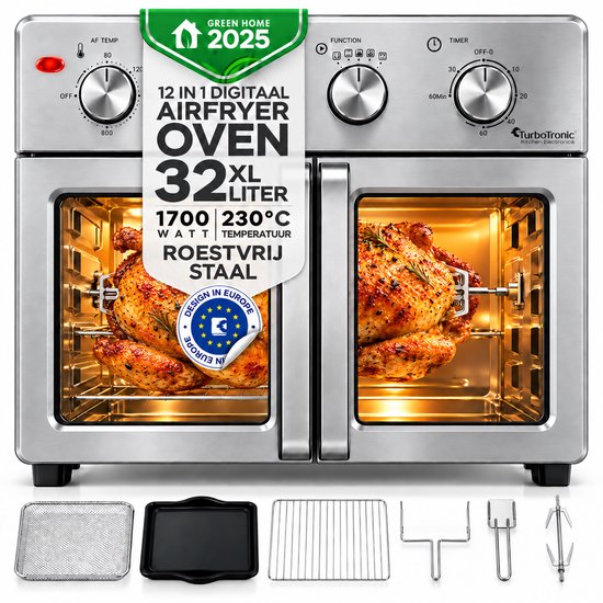 TurboTronic AF32MFD Airfryer Oven XXL – Dubbele Deur – 32L Vrijstaande Mini Oven – Heteluchtoven – Zilver