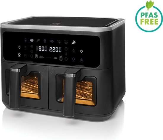 FRITEL Airfryer SnackTastic® 8480 DUO – Dubbele Airfryer met 2 Manden – Heteluchtfriteuse 2x4,5L – 2400W – Voor 2-9 Personen – Digitaal Touchscreen – Airfryer met Kijkvenster – Sync Finish – 8 Programma’s – PFAS-vrij – Zwart
