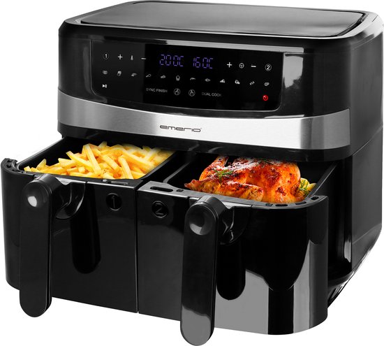 Emerio Dubbele Airfryer XXL 2400W - 10 Liter Heteluchtfriteuse - Regelbare thermostaat 50ºC tot 200ºC - 9 Kookprogramma's - AF-126672.4 Zwart