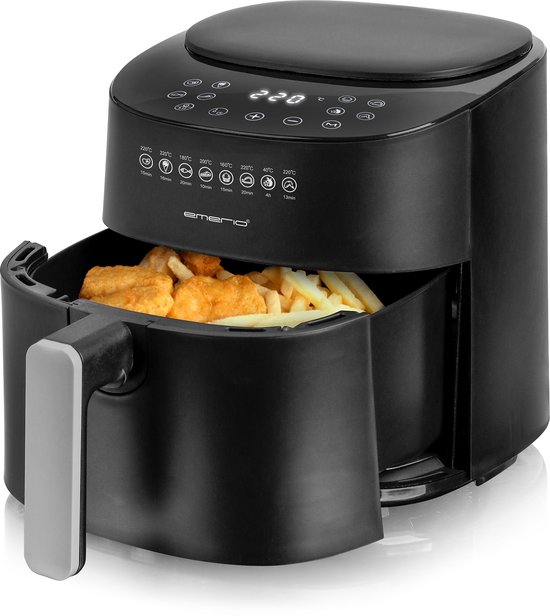 Emerio Airfryer XL 1300W - 4,5 Liter Heteluchtfriteuse - Regelbare thermostaat 40ºC tot 220ºC - 8 Kookprogramma's - AF-129369 Zwart