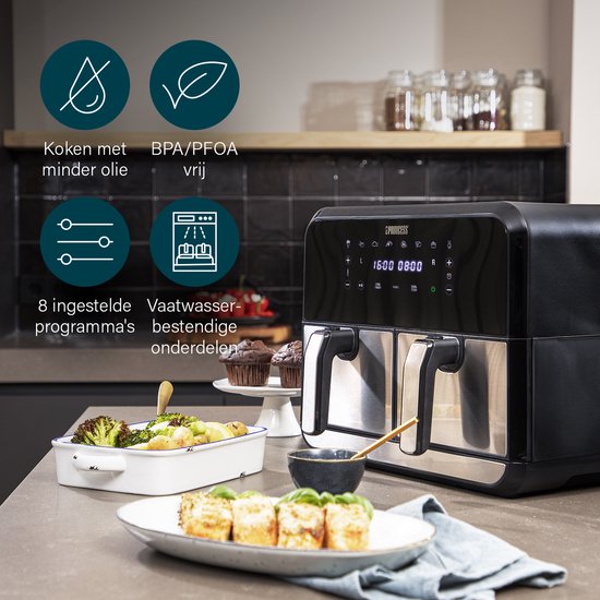 Princess Double Basket Airfryer 182074 - Dubbele Airfryer - 9 liter - 2 manden - XL - 8 programma's- 2400W - Dubbele heteluchtfriteuse - PFAS vrij - Touchscreen - RVS/Zwart - Sync functie