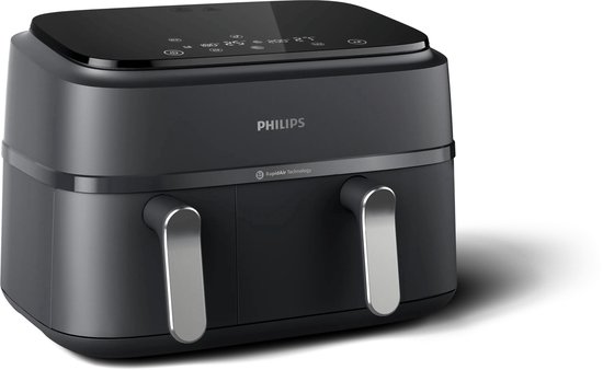 Philips 3000 Series Dual Airfryer - NA351/00 - Dubbele Mand - 9L - Tot 6 Personen - Zwart/Zilver
