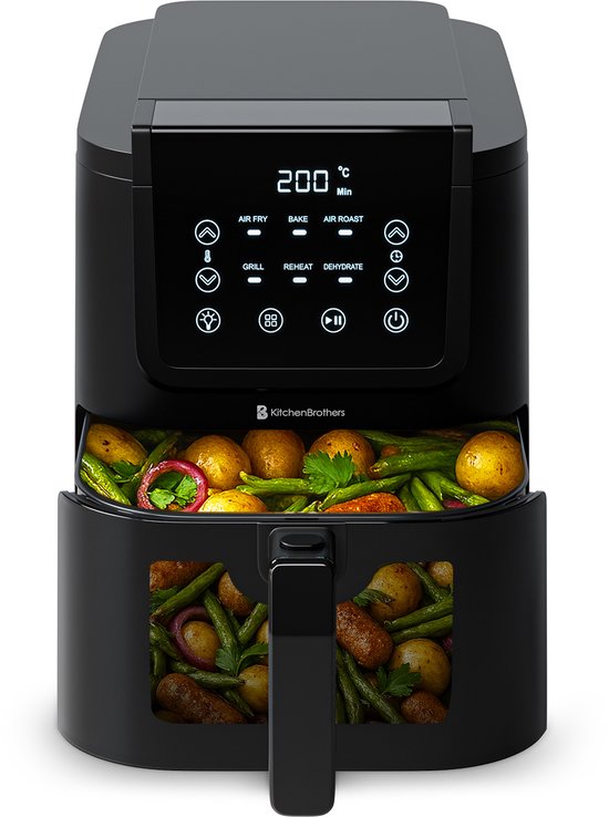 KitchenBrothers Airfryer XL - 1500W - 5L - Heteluchtfriteuse - 60ºC tot 200ºC - Met kijkvenster - Compact design - Extra stil - 6 Kookprogramma's - Zwart