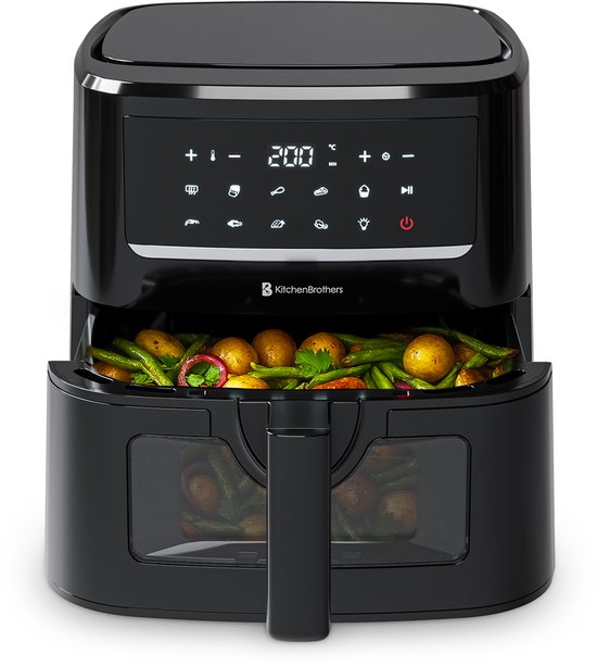 KitchenBrothers Airfryer XXL - PFAS-Vrij - 1800W - 7.5L - Heteluchtfriteuse - Dual Heating - 50ºC tot 200ºC - 10 Kookprogramma's - Zwart