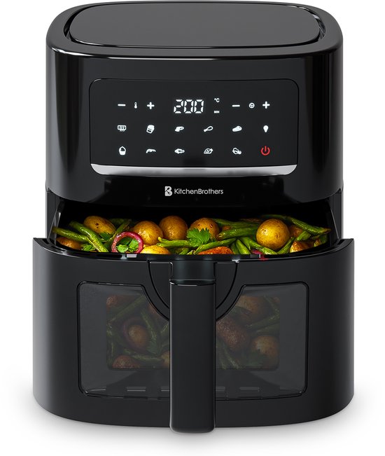 KitchenBrothers Airfryer XL - PFAS-Vrij - 1600W - 6L - Heteluchtfriteuse - 50ºC tot 200ºC - Met kijkvenster - 10 Kookprogramma's - Zwart